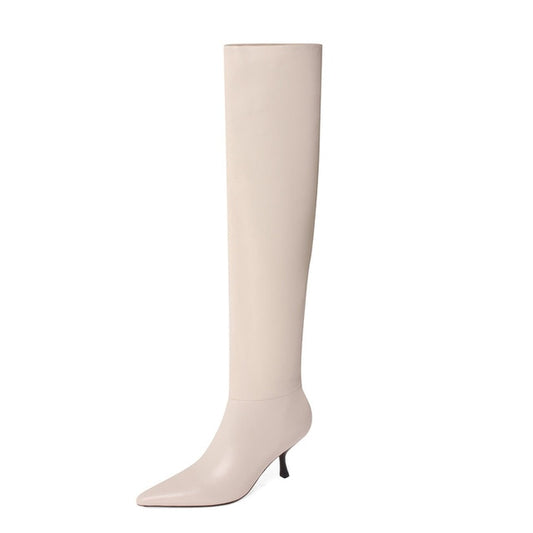 Pleated Real Leather High Heel Long Boots Women Shoes Pointed Toe Stiletto Heels Knee-High Boots Autumn Winter Beige 43 - LiveTrendsX