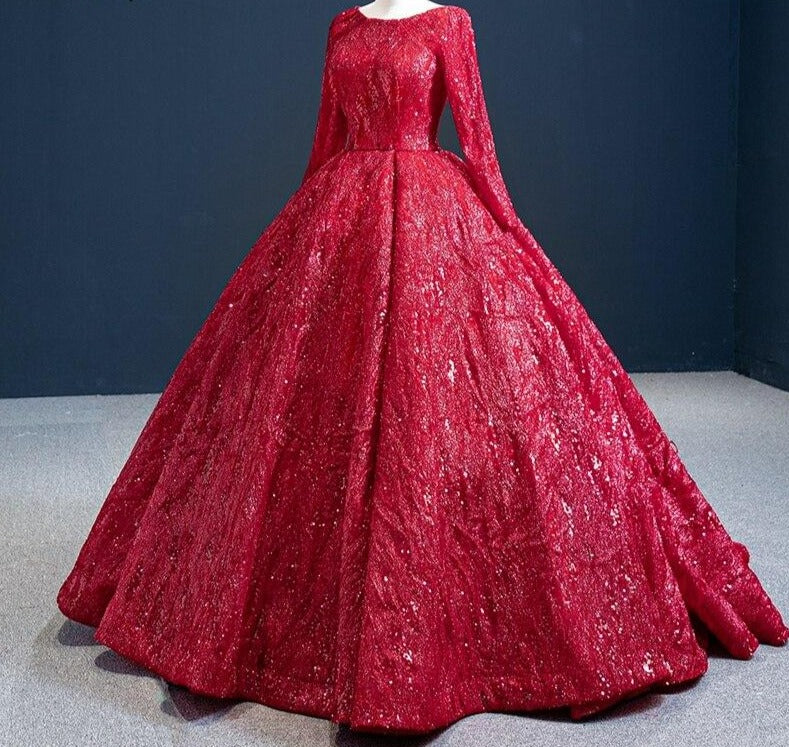 Dubai Red Luxury Ball Gown Wedding Dresses Design  Long Sleeve Sequins Beading Bridal Gowns - LiveTrendsX