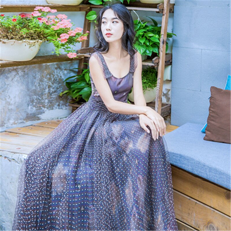 Real shot Korean summer new sling fashion popular wave dot printing mesh splicing big swing dress holiday fairy long dress - LiveTrendsX