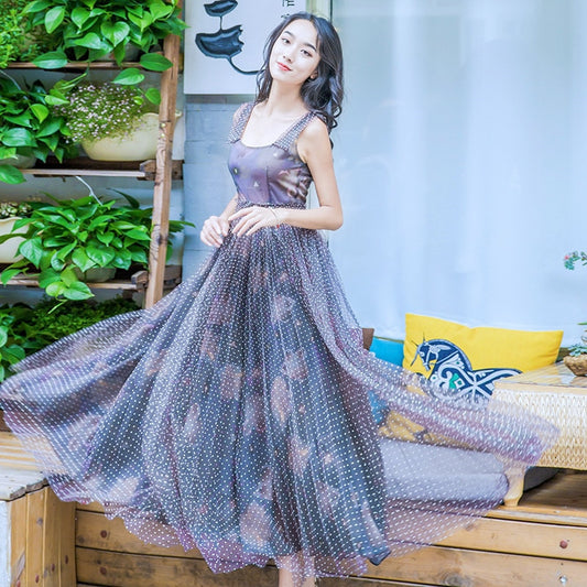 Real shot Korean summer new sling fashion popular wave dot printing mesh splicing big swing dress holiday fairy long dress - LiveTrendsX