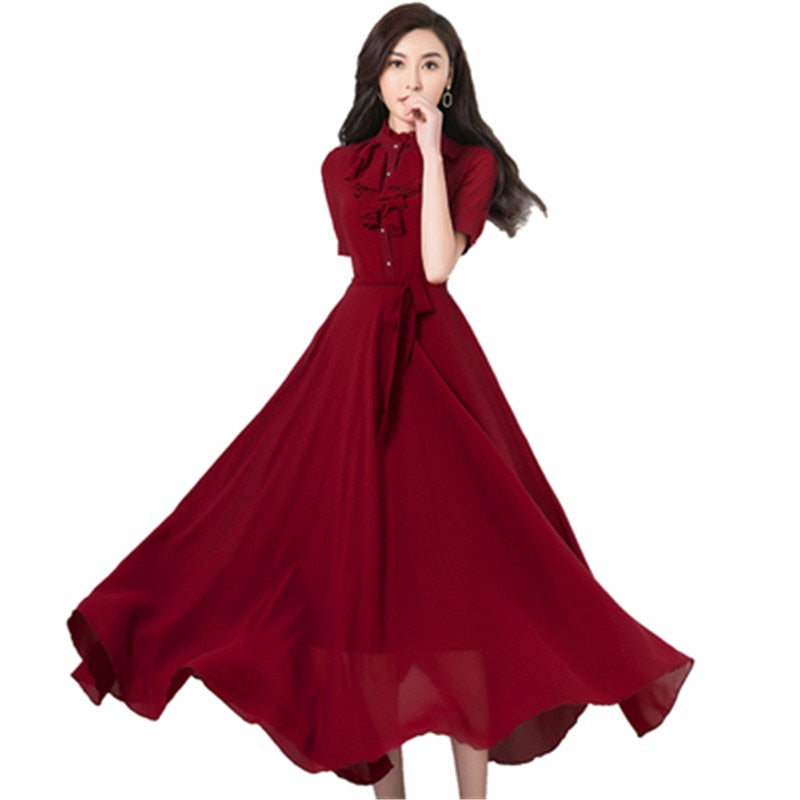 Korean summer new elegant fashion cheongsam improved solid color simple temperament long swing chiffon dress - LiveTrendsX