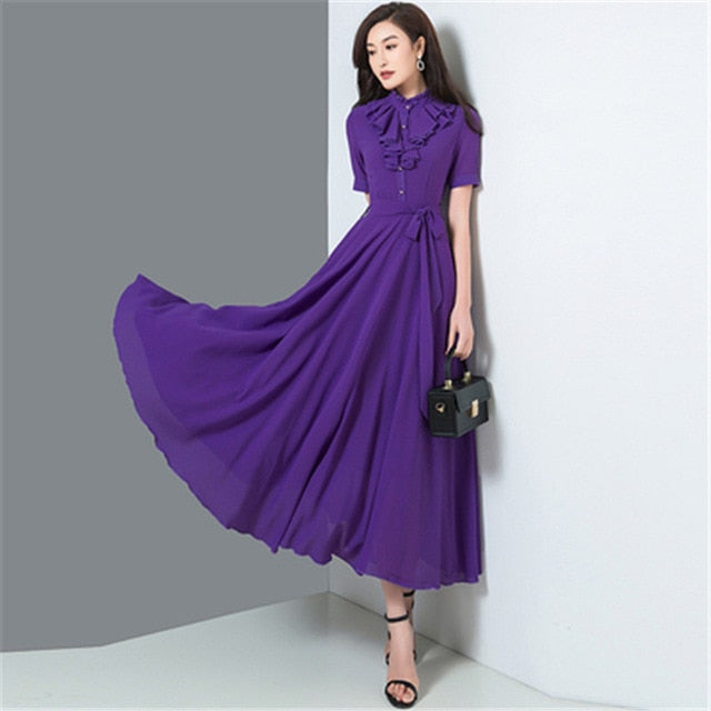 Korean summer new elegant fashion cheongsam improved solid color simple temperament long swing chiffon dress - LiveTrendsX