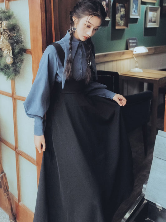 Autumn Winter Women Full Sleeve Lantern Sleeve Blouse Shirt and Black Strap Dress 2 Piece Outfits Skirt Set Mid-calf - LiveTrendsX