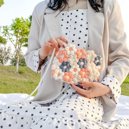 Hand woven woolen bag with puff flowers - LiveTrendsX