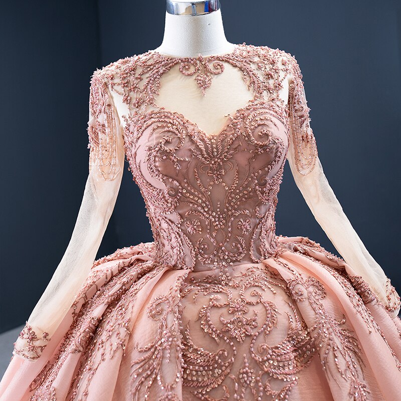 Sweet Peach Colour Evening Dress  Sequined Lace Up Back Beading Sweetheart Long Sleeve robe mariage femme - LiveTrendsX