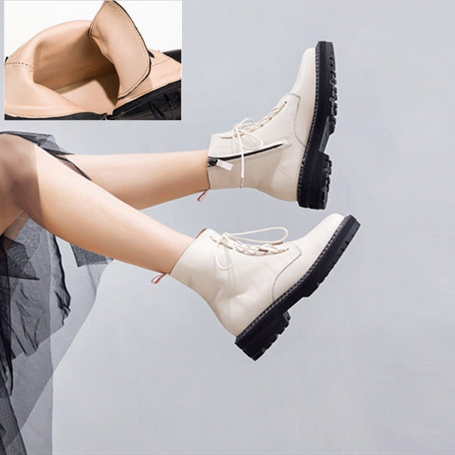 Martin Boots Female 2020 Autumn New Genuine Leather Women Booties Lace Up White winter women shoes - LiveTrendsX