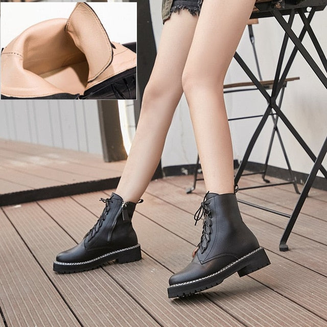 Martin Boots Female 2020 Autumn New Genuine Leather Women Booties Lace Up White winter women shoes - LiveTrendsX