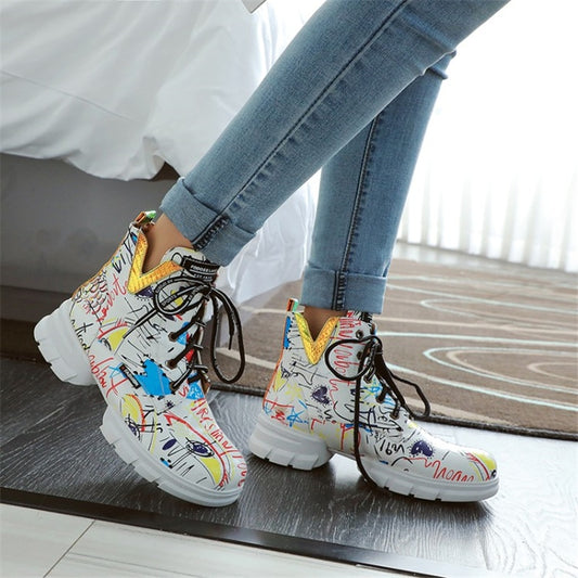 British style graffiti thick with newspaper pattern personality short boots with students large size Martin boots women - LiveTrendsX