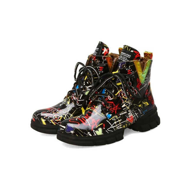 British style graffiti thick with newspaper pattern personality short boots with students large size Martin boots women - LiveTrendsX