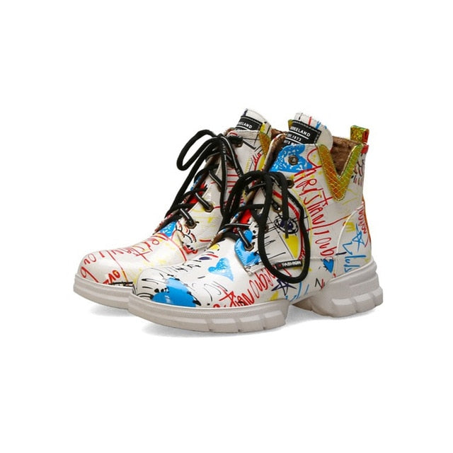 British style graffiti thick with newspaper pattern personality short boots with students large size Martin boots women - LiveTrendsX