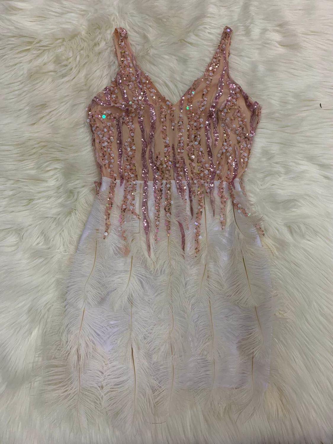 Pink Blue Feathers Rayon Bandage Dress Night Club