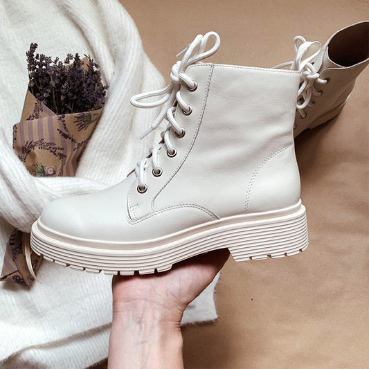 Ankle Boots Women Genuine Cow Leather Cross-Tied Round Toe Lady Fashion Boots Winter Platform Shoes Handmade - LiveTrendsX