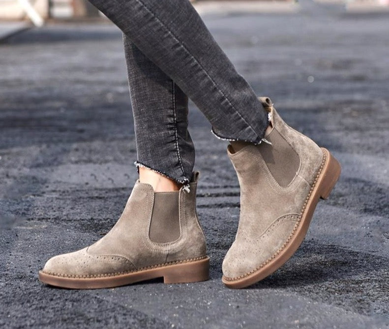 Chelsea Boots Women Elastic Ankle Pig Suede Brogue Boot Genuine Leather Quality Brand Lady Shoes Handmade - LiveTrendsX