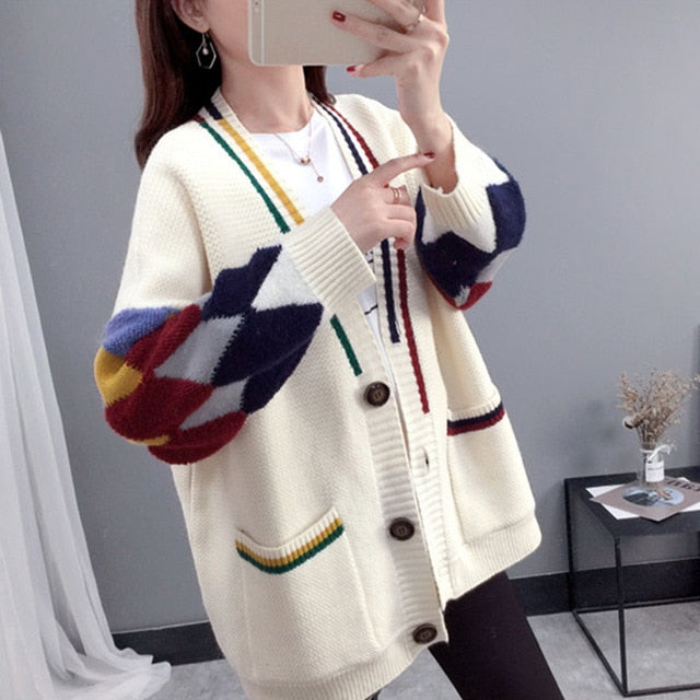 Casual Oversize Letter Print Cardigan Sweater Female Fashion Thick Warm Korean Knitted Coat Outwear Knitwear 2020 Winter Jersey - LiveTrendsX