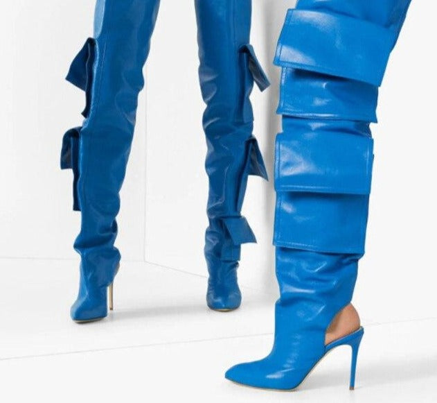 Dark Blue Leather Packet Designer Women Over Knee Boots