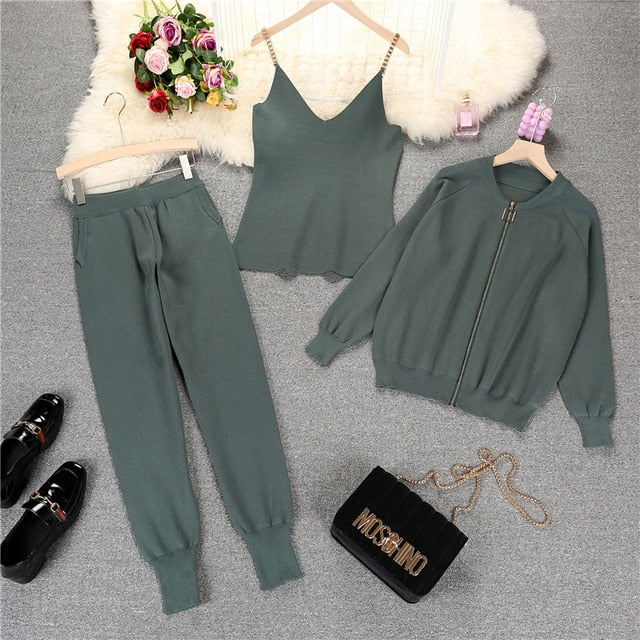 Women 2020 Autumn Winter Knitted  Vest Zipper Cardigans Pants 3pcs Sets Tracksuits Outfits - LiveTrendsX