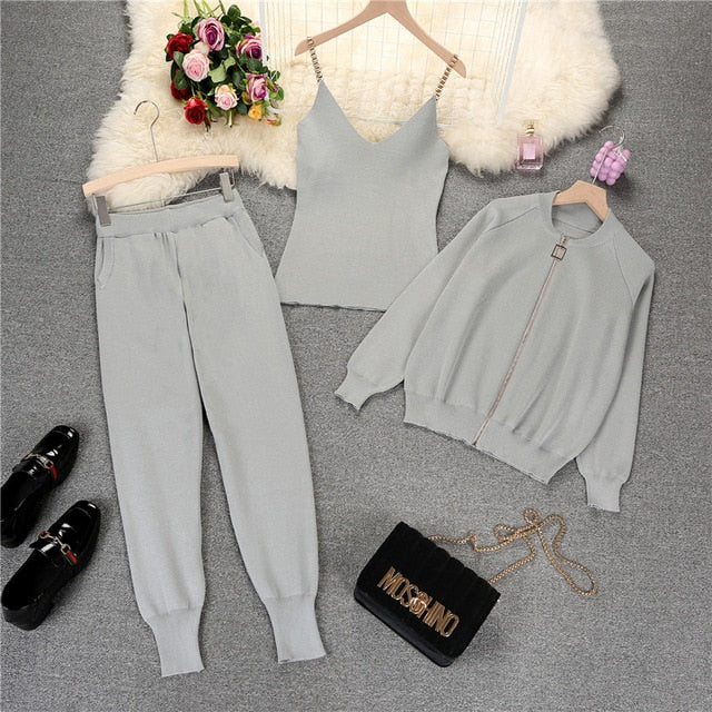 Women 2020 Autumn Winter Knitted  Vest Zipper Cardigans Pants 3pcs Sets Tracksuits Outfits - LiveTrendsX