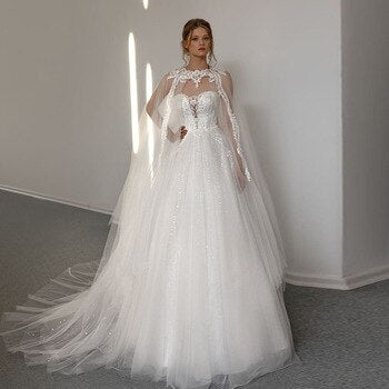 New Special Pearls Appliques Shiny Sequined Tulle Wedding Dresses With Shawl Vintage Bridal Gowns A-line - LiveTrendsX