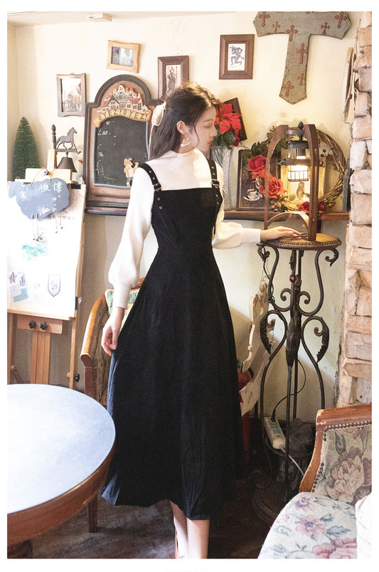 Autumn Winter White Full Sleeve Turtleneck Sweater Top and Corduroy Black Strap Dress Two-piece Outfits Mid-calf - LiveTrendsX