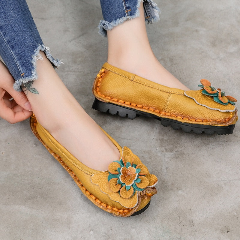 Handmade  cow leather flat soft flower female shoes - LiveTrendsX