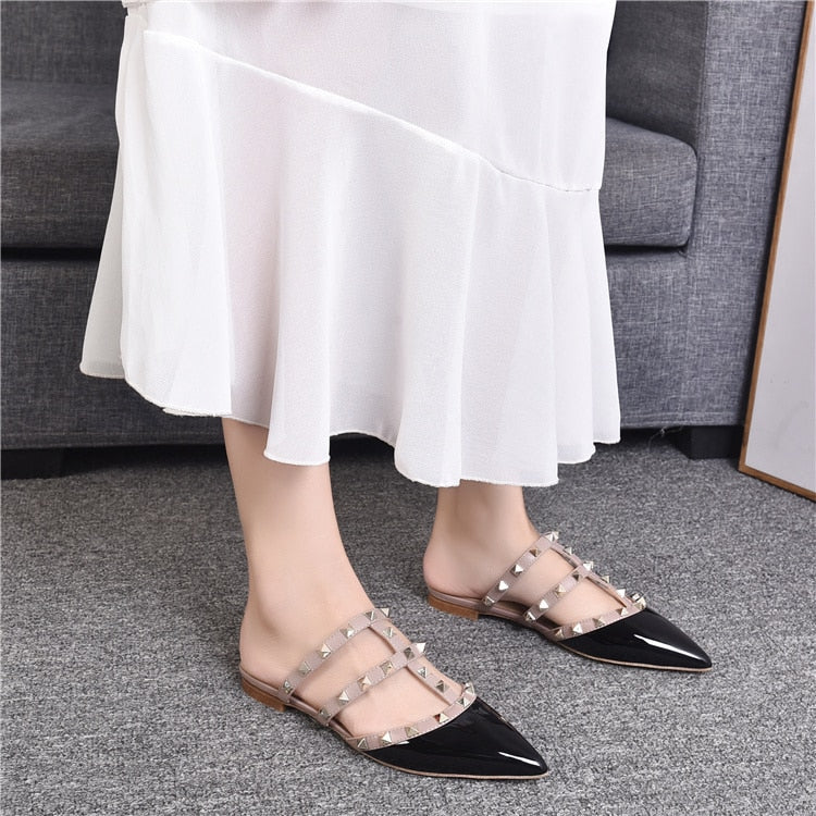 Rivet flat sandals cow leather  women luxury brand shoes female fashion geuine leather  branded leather shoes lady - LiveTrendsX