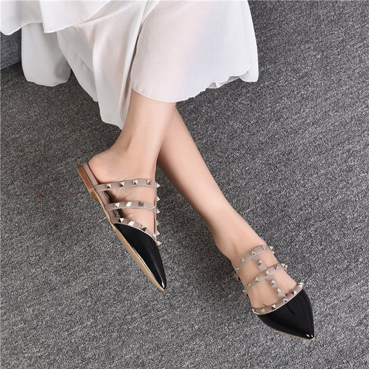 Rivet flat sandals cow leather  women luxury brand shoes female fashion geuine leather  branded leather shoes lady - LiveTrendsX
