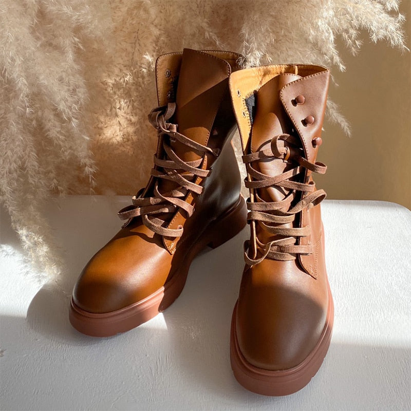Size 33-42 Ins New Ankle Boots Women Round Toe Thick Heel Lace Up Genuine Leather Shoes High Quality Cool Shoes Footwear - LiveTrendsX