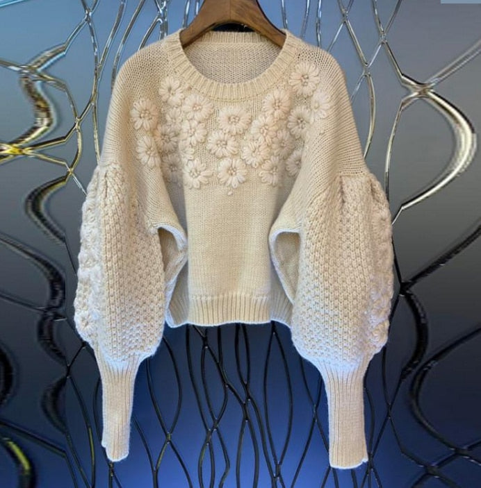 Flower Embroidery Sweater Female Fall Winter Wear 2020 New Korean Loose Joker Short Knitted Coat  Lantern Sleeve Pull Jumper - LiveTrendsX