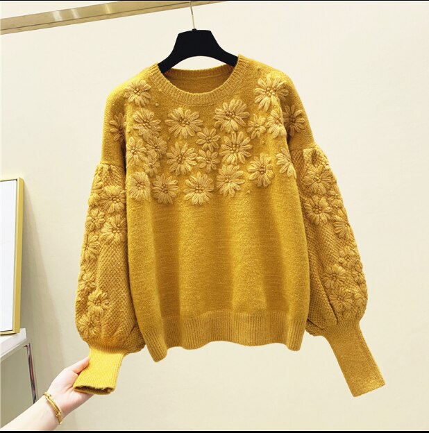 Flower Embroidery Sweater Female Fall Winter Wear 2020 New Korean Loose Joker Short Knitted Coat  Lantern Sleeve Pull Jumper - LiveTrendsX
