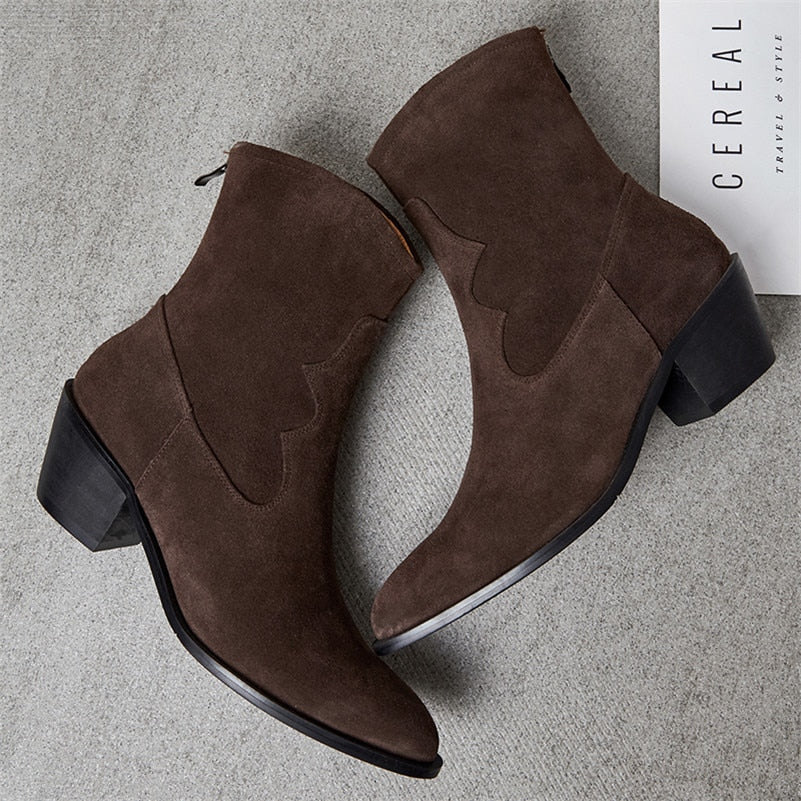 Real Leather Cow Suede High Heel Ankle Boots Women Shoes Pointed Toe Thick Heel Zipper Short Boots Ladies Autumn Brown - LiveTrendsX