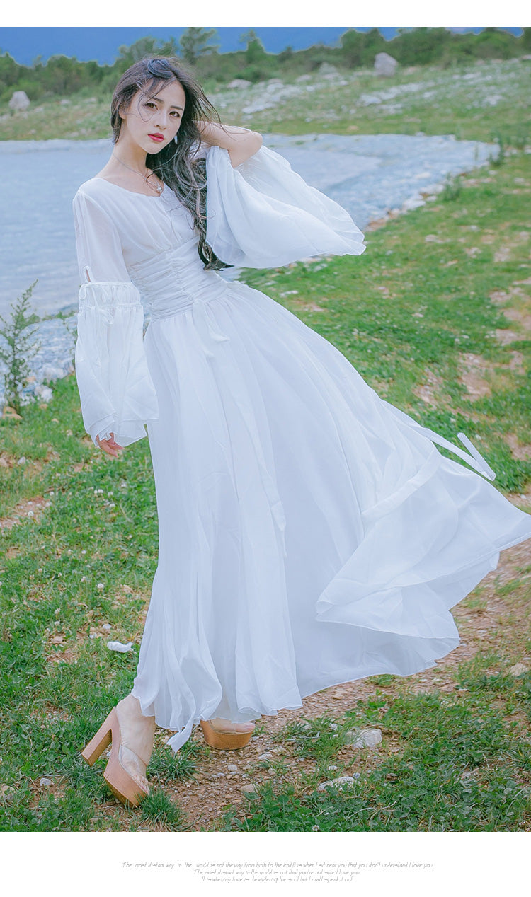 Summer Dress Maxi Elegant White Chiffon Long Women Dress Party O-neck Red Butterfly Full Sleeve Female Vestido Long - LiveTrendsX