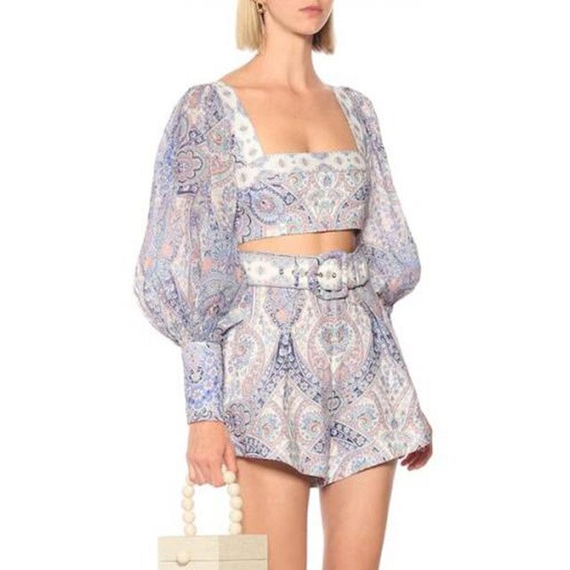 Elegant Printed Women'S Set Long-Sleeved Top & Belt Shorts 2 Two-Piece Set Casual Party Holiday Pants Set Female 2020 Summer New - LiveTrendsX