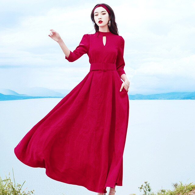 Retro Red Hollow Out Corduroy Maxi Long Dress Women Fall Winter Vintage Medieval A-line Big Swing Female Dresses Robe with Belt - LiveTrendsX