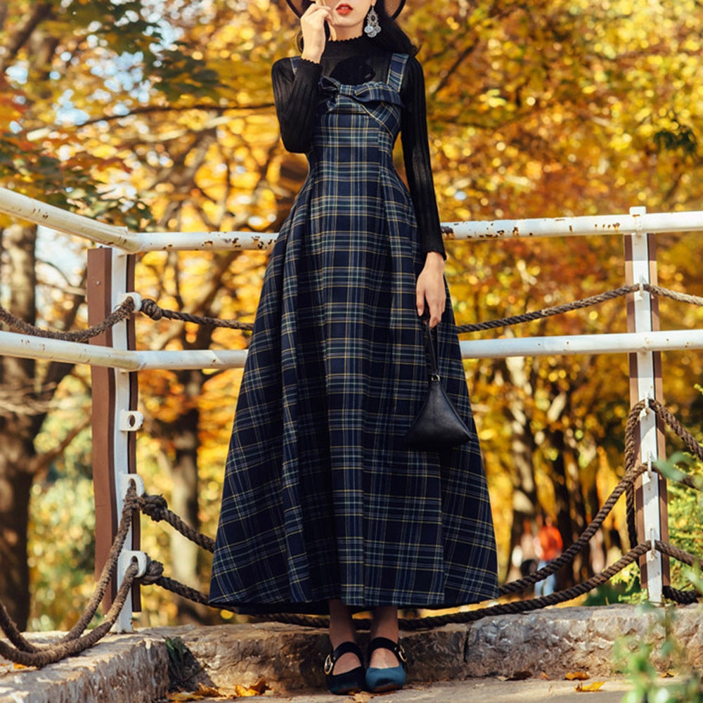 Eleagnt Korean Two Piece Sets Autumn Long Sleeve Basic Solid Pullovers Tops and Plaid Bow Ankle-Length Long Dresses Blue Suits - LiveTrendsX