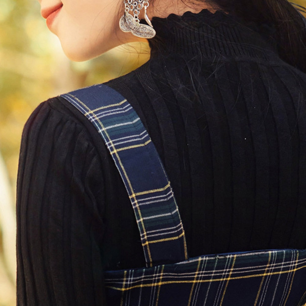 Eleagnt Korean Two Piece Sets Autumn Long Sleeve Basic Solid Pullovers Tops and Plaid Bow Ankle-Length Long Dresses Blue Suits - LiveTrendsX