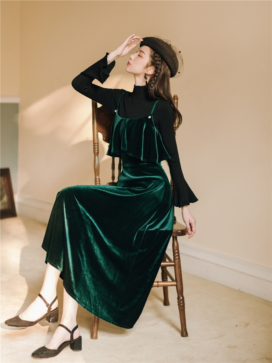 women two piece set vintage sleeve elegant solid green ruffle midi dress + thick knitted flare sleeve knitted sweater - LiveTrendsX
