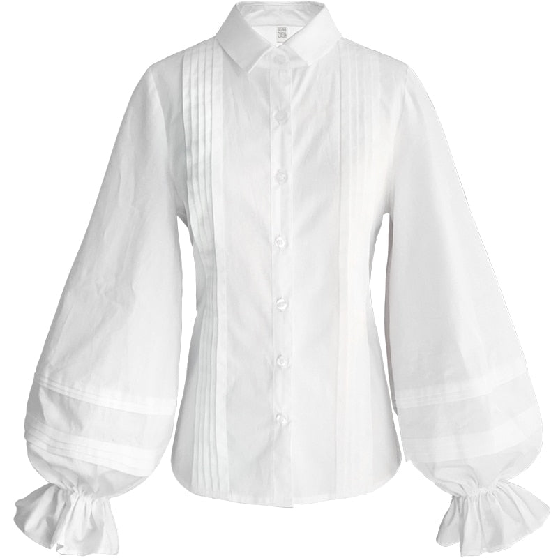 Women Fashion Brand Shirts Spring Female Students Retro Lantern Sleeve Slim Cotton White Shirt All-match Basic Tops Blouse - LiveTrendsX
