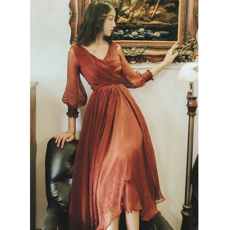 Lantern Sleeve Summer Autumn Long Dress Elegant Women Vintage V Neck Lace-up Waisted Rayon Silk Red Dress lange jurken - LiveTrendsX