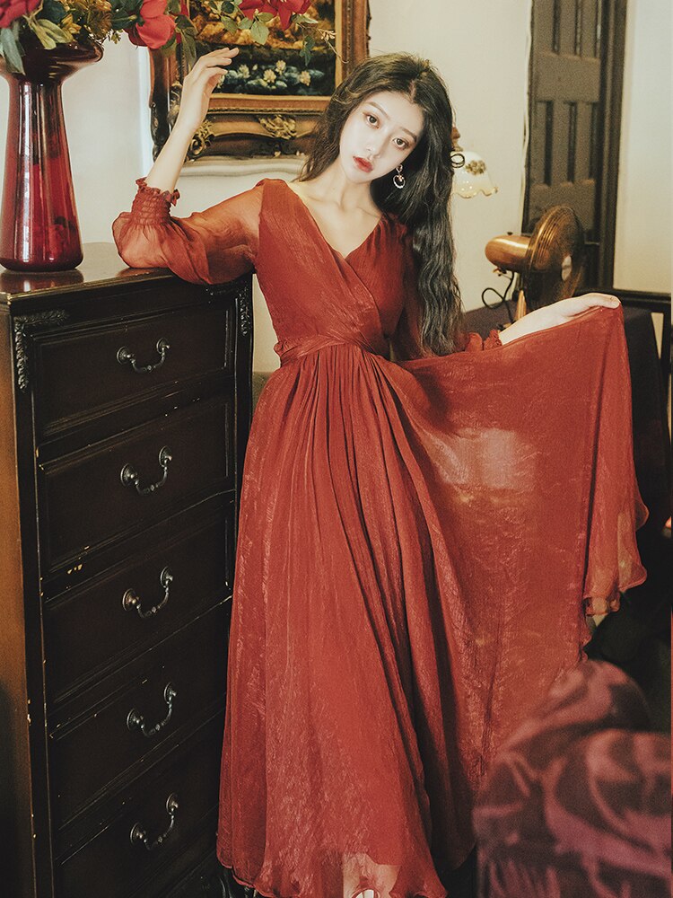 Lantern Sleeve Summer Autumn Long Dress Elegant Women Vintage V Neck Lace-up Waisted Rayon Silk Red Dress lange jurken - LiveTrendsX