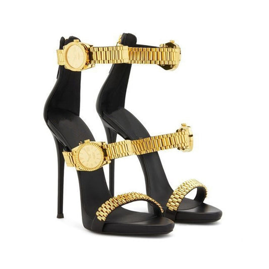 Luxury Gold Watch Studded High Heel Sandals Metal Chain Decor Gladiator Sandals Women Designer High Heels Party Shoes Woman 2020 - LiveTrendsX
