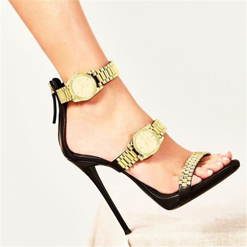 Luxury Gold Watch Studded High Heel Sandals Metal Chain Decor Gladiator Sandals Women Designer High Heels Party Shoes Woman 2020 - LiveTrendsX
