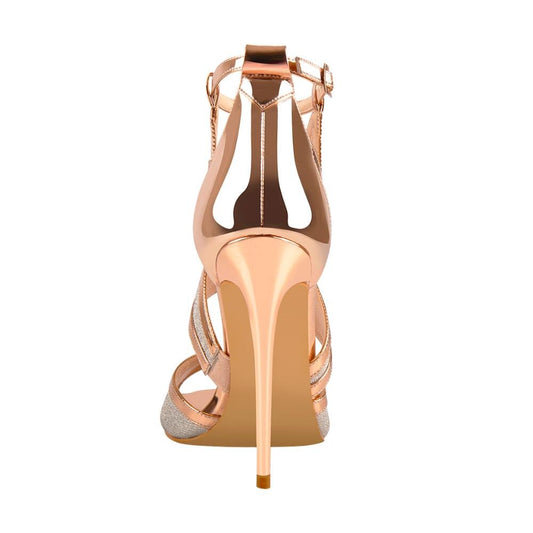 ハイヒールサンダル アンクルストラップ ピープトゥ スティレット ゴールドグリッターサンダル