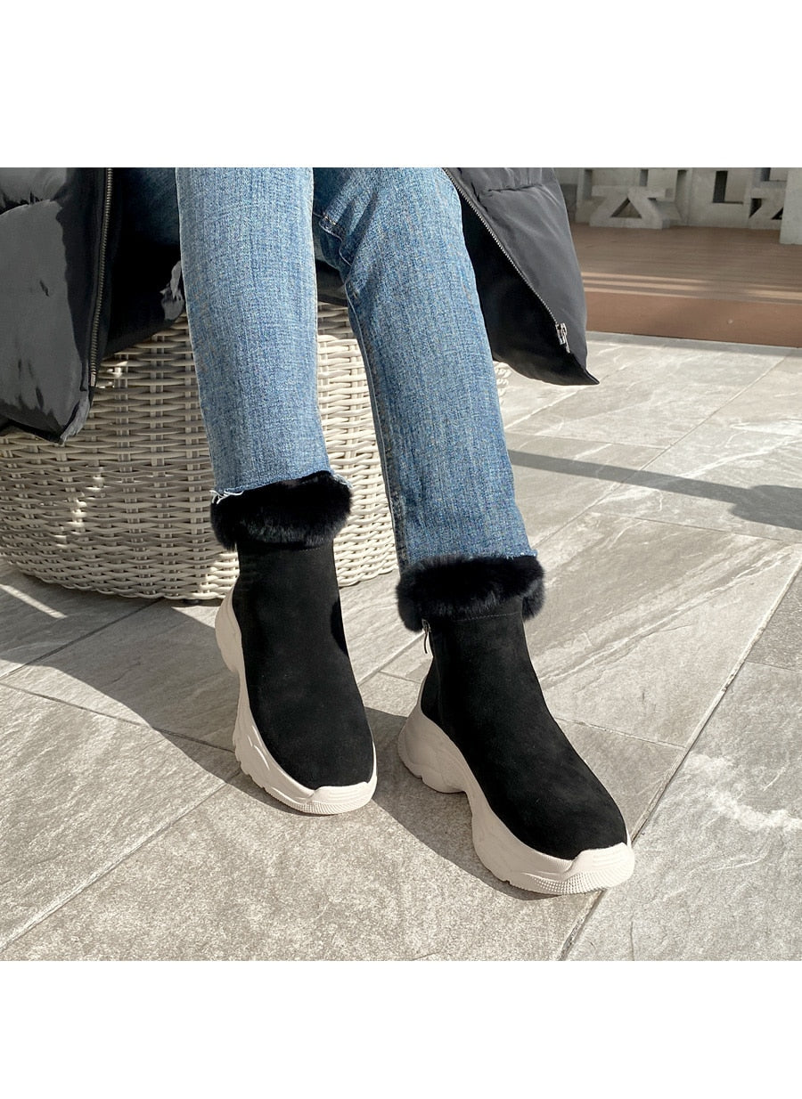 Suede leather Ankle Boots Women Flat platform shoes winter plush Keep warm Thick bottom Short Boots Ladies snow boot - LiveTrendsX