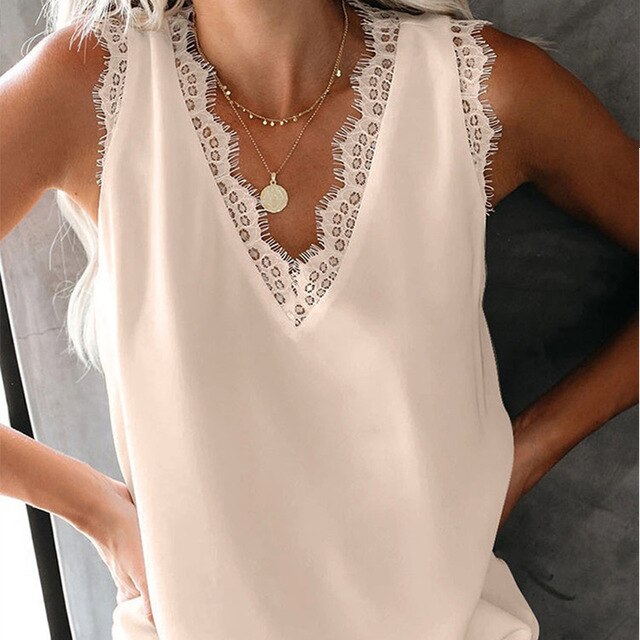 Chiffon Lace Patchwork Slim Sexy Tanks Women Solid V-Neck Sleeveless Loose Tank Tops Female 2020 Summer Fashion Ladies Clothes - LiveTrendsX