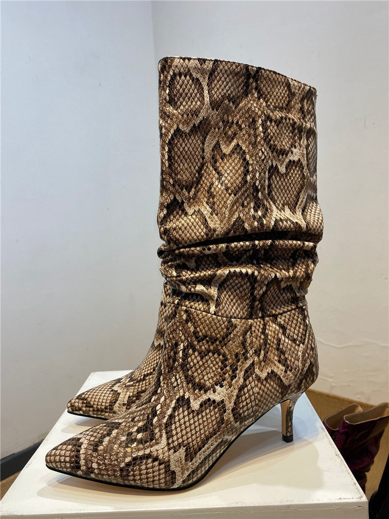 Women Snakeskin Print Pleated Stiletto Les Bottes Basses Punk Girl Pointed Toe Slip On Patchwork Sexy Motorcycle Boots - LiveTrendsX