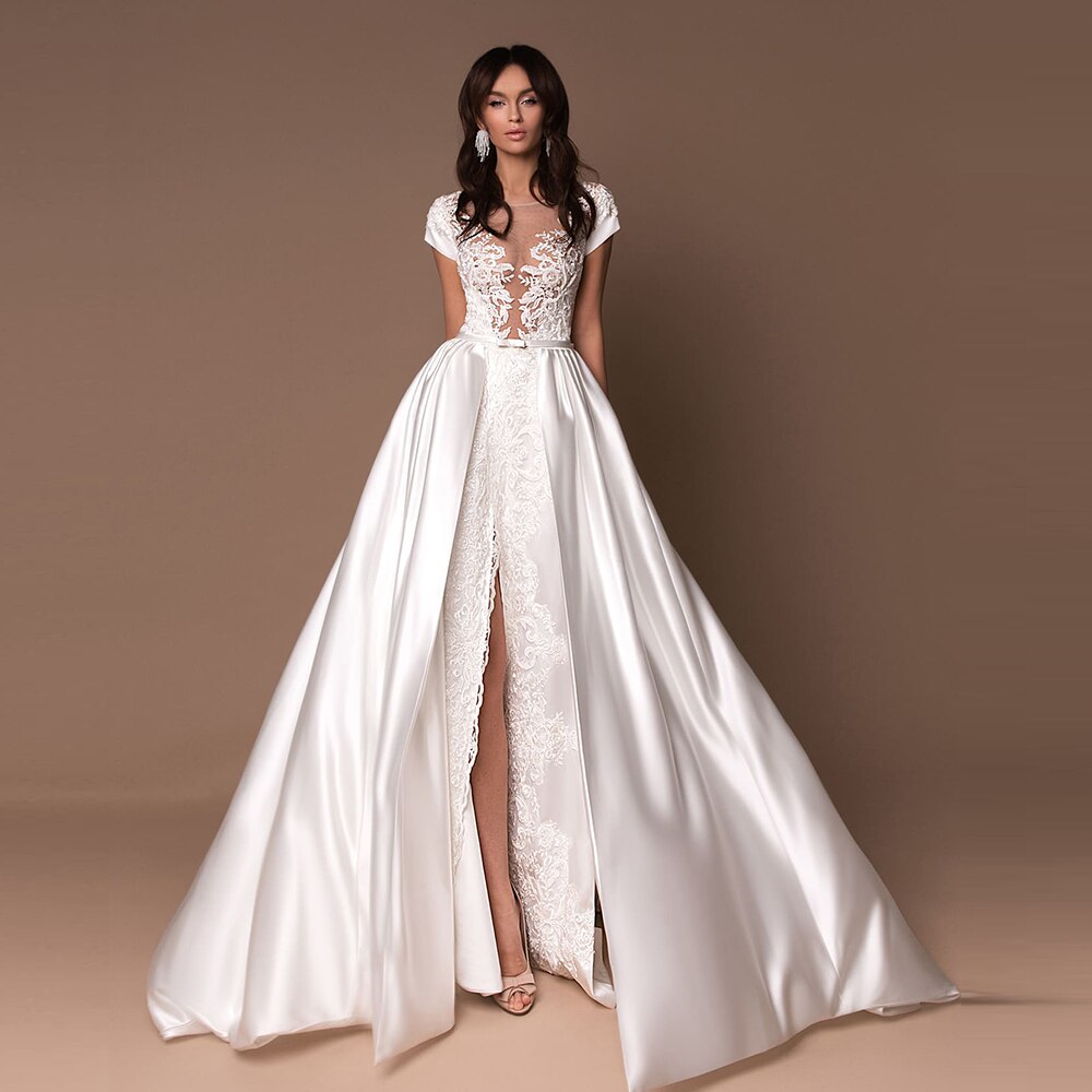 New Arrival Satin Wedding Dresses Robe Mariage Femme Sexy Skirt Slit See Through Body Short Gorgeous Wedding Gowns - LiveTrendsX