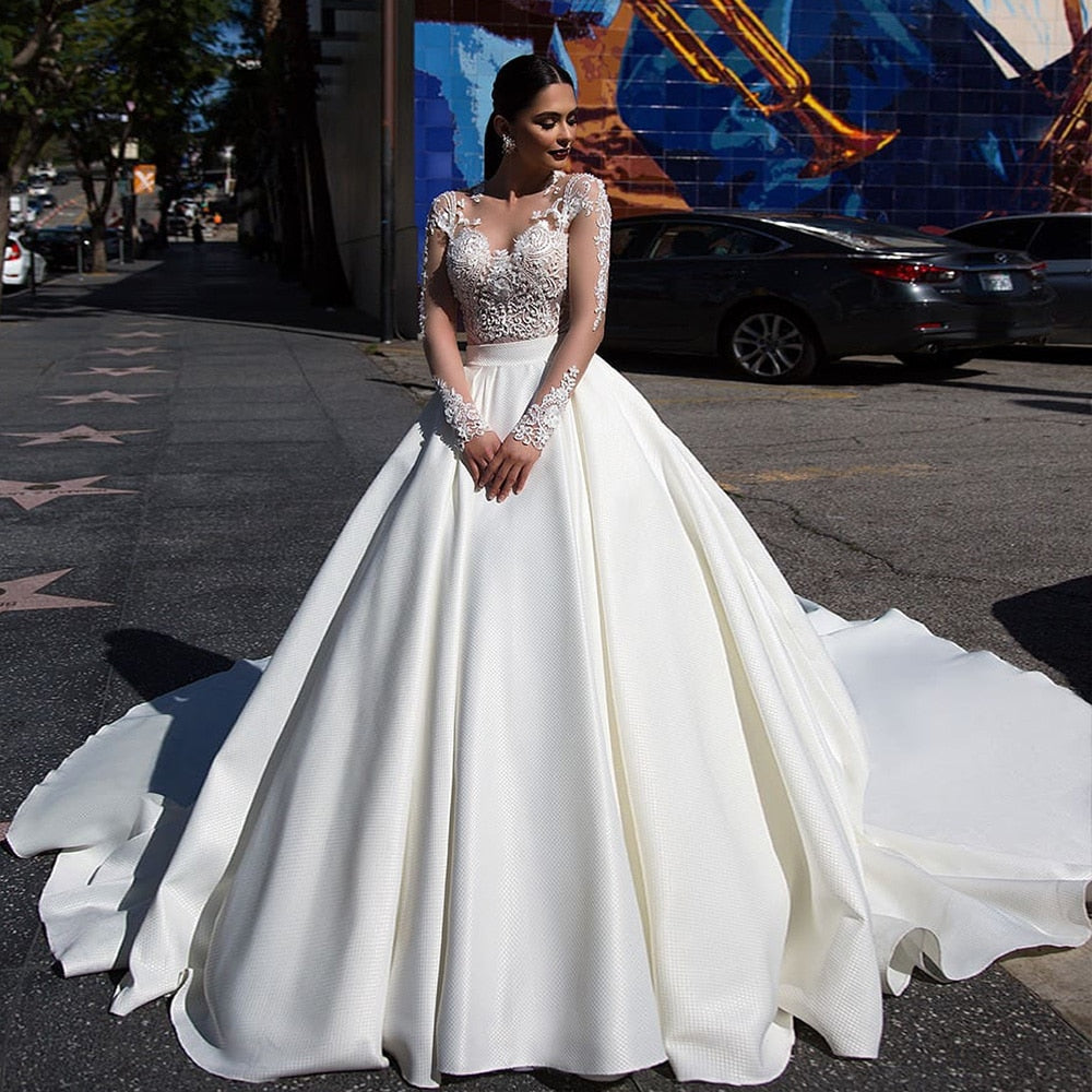 Long Sleeve Satin Wedding Dresses Robe De Mariee 2020 Pearls Appliques Flowers See Through Ball Gowns Abendkleider - LiveTrendsX