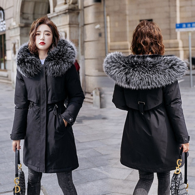 Winter Women fleece inside parkas plus size thick warm mid-Long Hooded parkas Jackets fur inside female slim padding parkas - LiveTrendsX