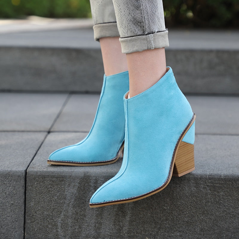 Women Thick High Heels Pointed Toe Western Cowboy Boots Female Black Blue Leather Shoes for Lady 2020 - LiveTrendsX