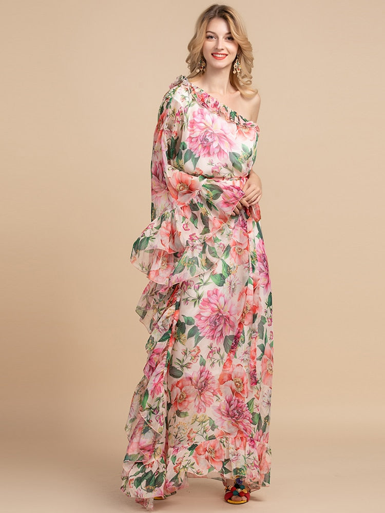 Summer Holiday Party Boho Maxi Dress Women's Off shoulder Chiffon Floral Print Ruffles Loose Elegant Long Dress - LiveTrendsX